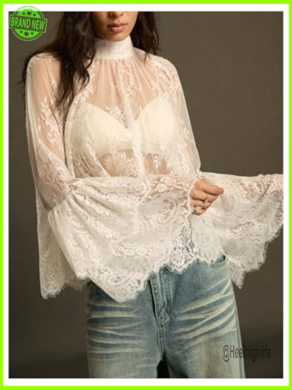 Lace Sheer Ruffle Blouse Mock Neck Bell Long Sleeve Boho Flowy Top - Picture 4 of 5